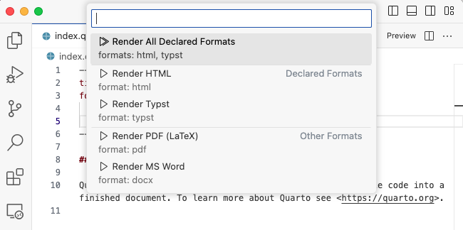 The top of the VS Code editor. The command palette shows a quick pick list of available formats to render.